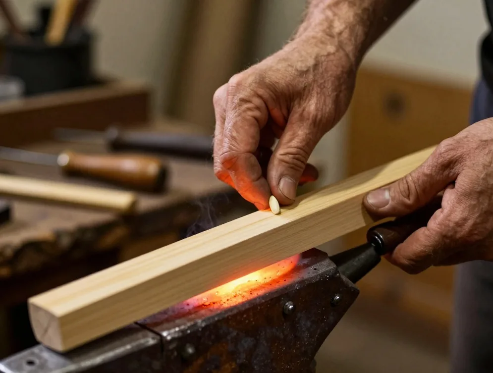 Weathered hands bending maple staves over a hot iron to form a domra body