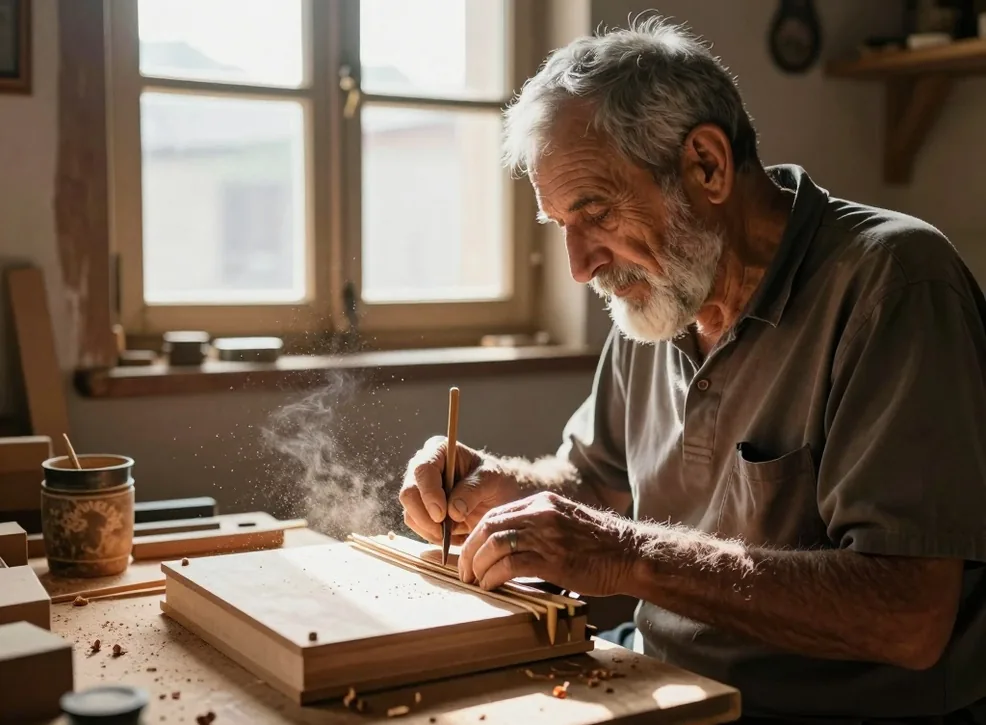 Elderly craftsman carving a gusli soundboard by hand in a rustic wooden workshop